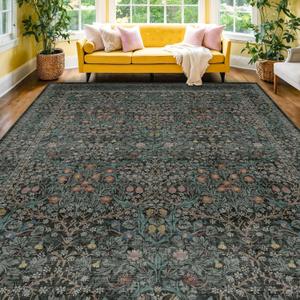 Vintage Dark Green Living Room Rug, 8x10 Washable Area Rugs for Dining Room Under Kitchen Table, Bedroom, Oriental Low Pile Stain Resistant Non-Slip Large Carpet (8x10 Dark Green)