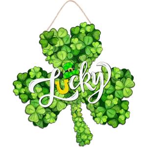 St. Patrick's Day Decorations Wooden Shamrock Door Wreath for Front Door Welcome Lucky Sign, Farmhouse St. Patrick's Decor Hanging Sign Outdoor Indoor Shamrock Clover Spring Wall Home Decor