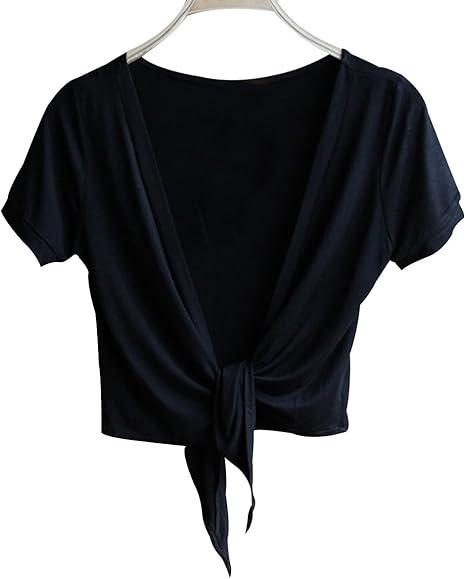 Trendy XU Summer Short Sleeve V-Neck Open Front Cardigan Solid Cropped Tie-up Shawl Small