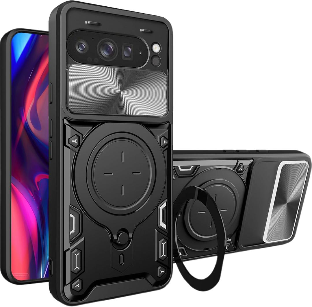 Fofvccv Case for Google Pixel 10 Pro XL with Slide Camera Lens Cover for Men, Military Shockproof Protective Cover with Magnetic Ring Kickstand for Google Pixel 9 Pro XL JS Black
