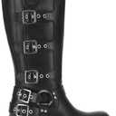 7 x Athlefit Women's Knee High Riding Boots Fashion Buckle Square Toe Chunky Heel Wide Calf Biker Boots (Black)