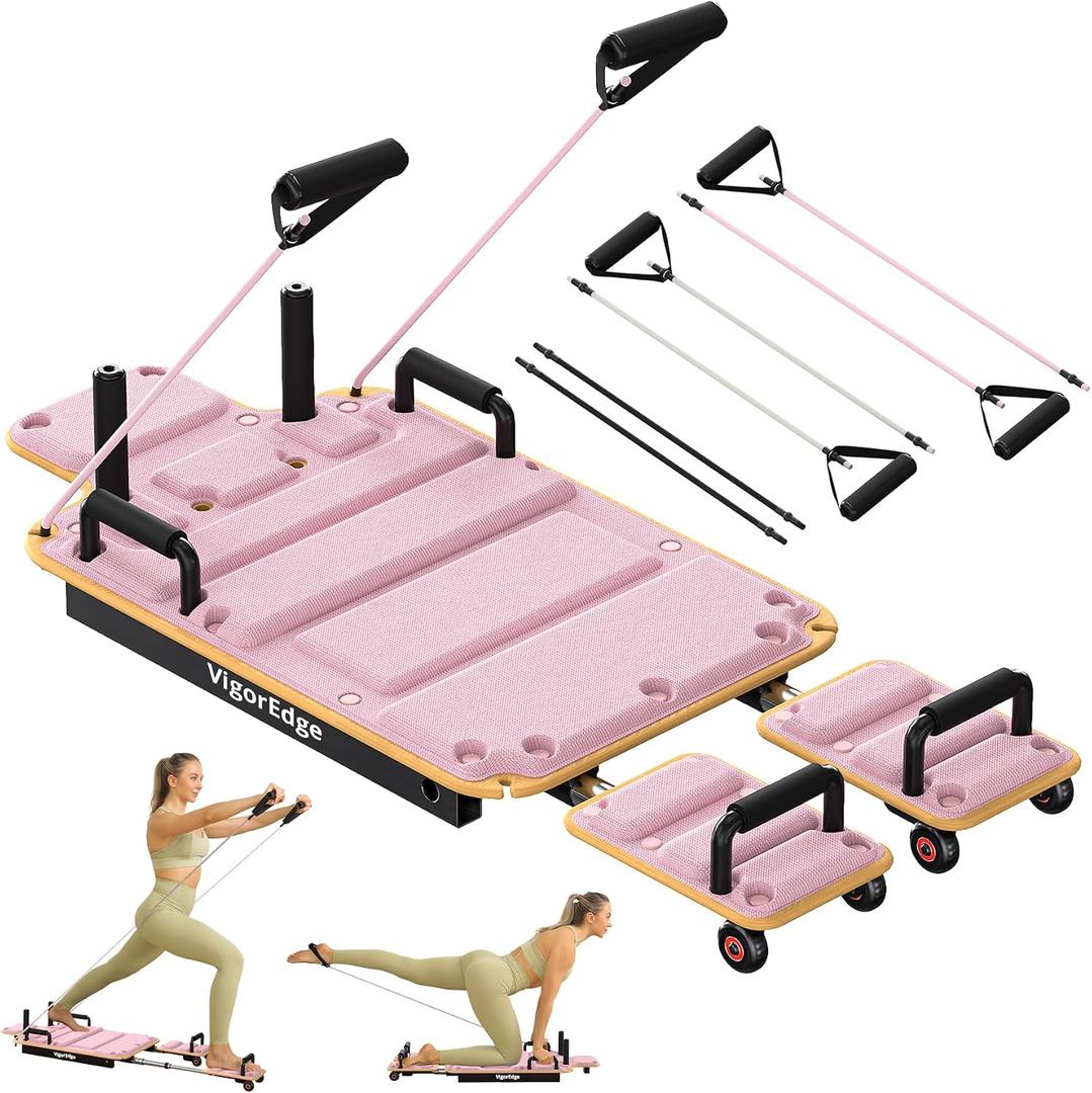 Pilates Board Reformer for Home Workout, Pilates Reformer Machine, Wooden Deck, Glide Board, High-Strength Steel Sliding Rails, 2 Adjustable Resistance Bands, Core & Full-Body Training