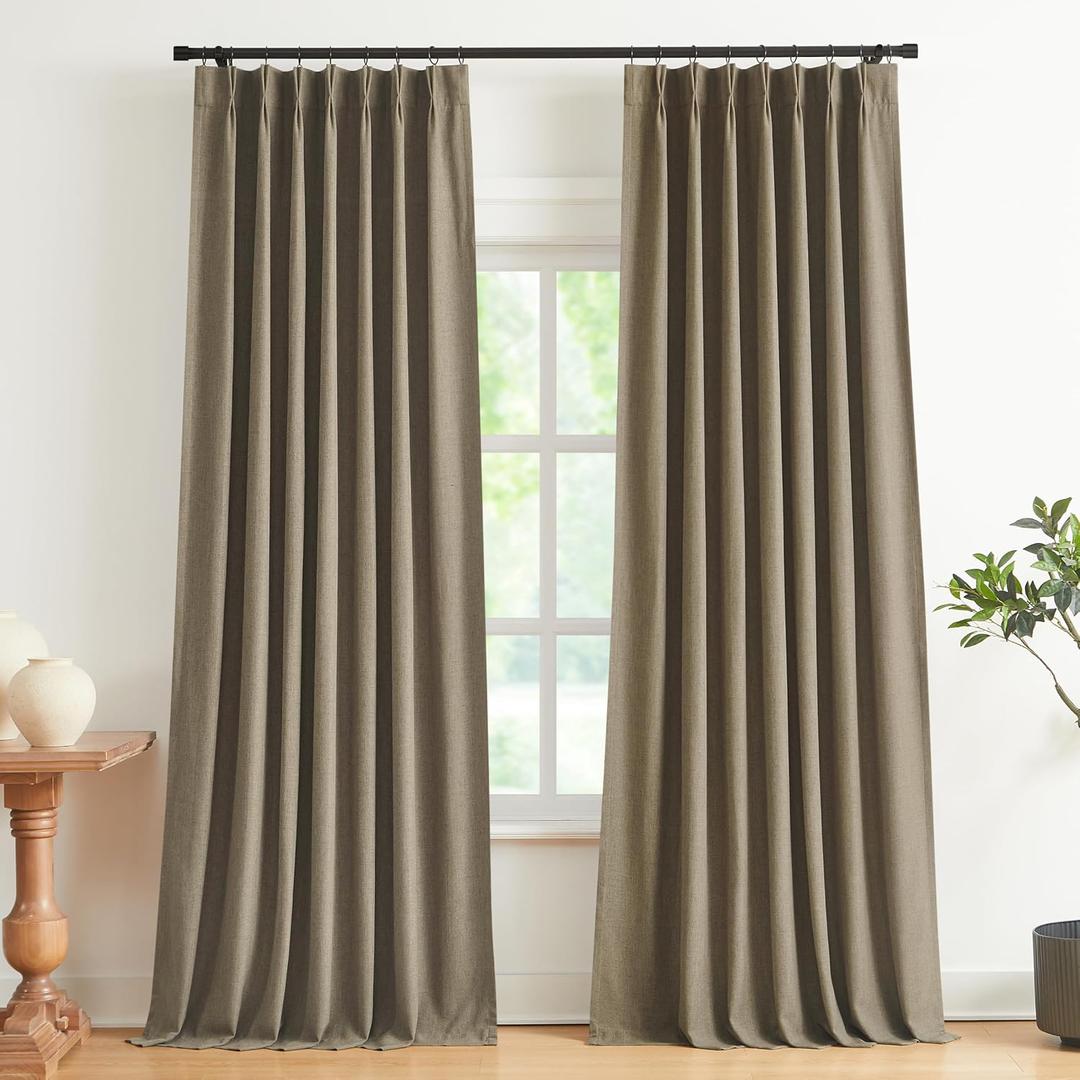 Home Brown Pinch Pleated Full Blackout Curtains Linen Blended Room Darkening Window Curtains 90 inch for Living Room Bedroom Thermal Insulated Pinch Pleat Drapes with Hooks 2 Panel