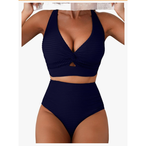 Herseas Women's Textured Bikini Sets Twist Front Top Swimsuits High Waisted Bathing Suits, Navy Blue, M