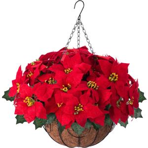 Artificial Fake Christmas Hanging Flowers Plants Basket for Outdoor New Year Decoration, Faux Silk Red Poinsettia UV Weather Resistant Realistic for Xmas Outside Porch Home Patio Decor