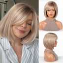 HAIRCUBE Bob Wigs for Women, Short Synthetic Wig with Bangs, Heat Resistant Natural Wig, Light Blonde