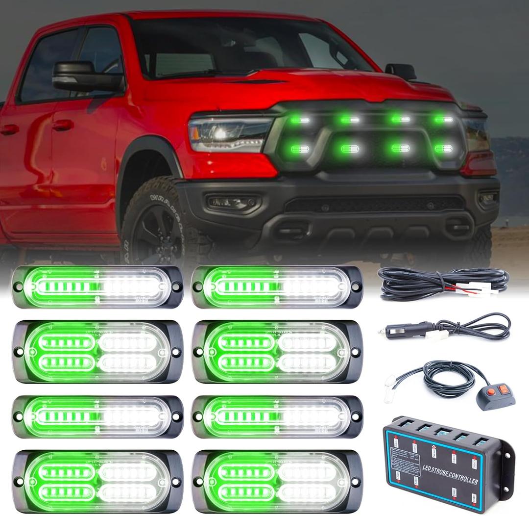 8pcs Sync Feature Emergency Strobe Grille Lights LED Ultra Slim Surface Mount Flashing Hazard Warning Light Bar with Controller for Firefighter/Construction/Trucks/Vehicles/Car (Green/White)
