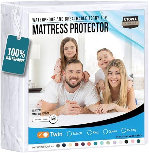 Utopia Bedding Waterproof Mattress Protector Twin Size, Premium Terry Mattress Cover 200 GSM, Breathable, Fitted Style with Stretchable Pockets (White)