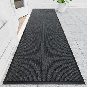 Front Door Mat, 3' x 10' Heavy Duty Indoor Outdoor Doomat, Commercial Industry Rugs with Rubber Backing, Non-Slip Low Profile Welcome Entry Mat for Patio, Home, Grey (Gray-stripe)