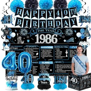 40th Birthday Decorations for Men, Black Blue Vintage 1986 Happy 40th Birthday Banner Backdrop Balloons Sash Card Cake Table Topper Hanging Swirls Paper Pompoms, 40 Years Old Party Supplies 20pcs