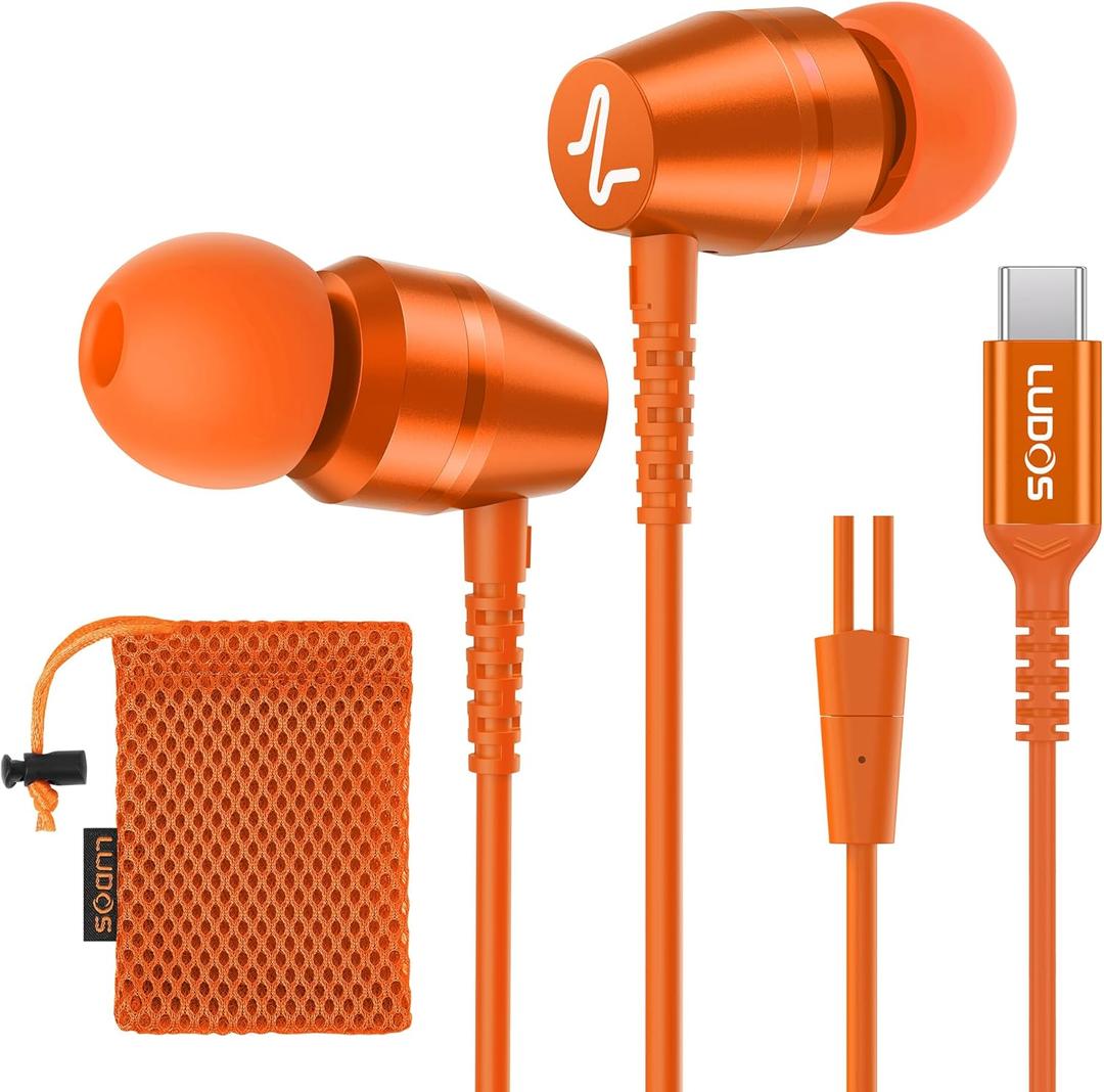 LUDOS OMNITONE USB C Headphones for iPhone 16 15 Pro Max Plus iPad Pro, USB-C Earbuds for Samsung Galaxy S24 S23 S22 S21 S20 A55 A54 A53, USB Type C Earphones - Orange
