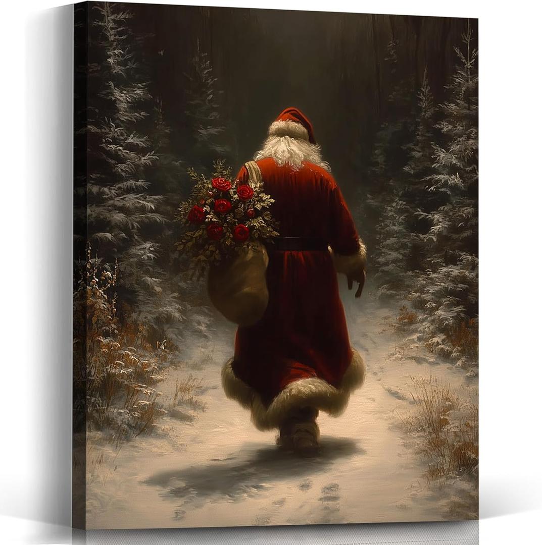 Voxitura Vintage Christmas Santa Wall Art Canvas, Rustic Dark Snowy Forest Wall Decor for Holiday, Winter Festive Paintings Pictures Prints Framed for Bedroom Living Room 12x15in