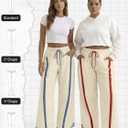 Women's Wide Leg Track Pants Baggy Drawstring High Rise Side Striped Casual Lightweight Parachute Pants with Pockets(Beige,XX-Large)