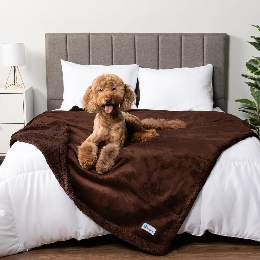 PetAmi Waterproof Dog Blanket for Queen Bed Large XL Dog Throw for Couch Cover Leakproof Furniture Protection, Sherpa Fleece, Reversible Soft Washable 90x90 Brown 