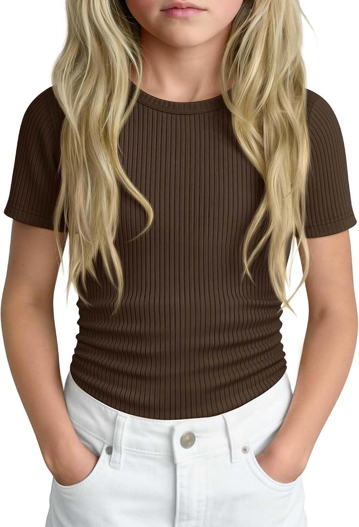 Girls' Shirt Short Sleeve Basic Top Tween Summer Ribbed T-Shirt Teen Cute Fitted Soft Tee for Kids Aged 5-14 (Black)