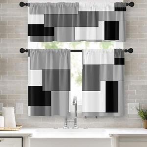 Black White Gray Kitchen Window Curtains Valance and Tier Set 36 Inch, Dark Grey Modern Geometric Rod Pocket Short Tier Curtain for Bathroom, Small Cafe Drapes for Kitchen Decor, 52"W x 36"L