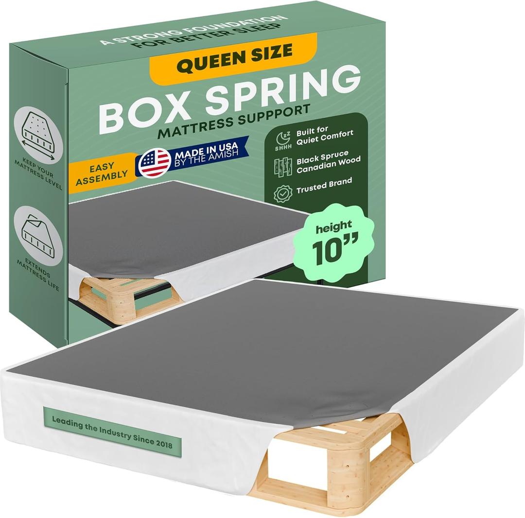 Greaton, 10 Queen Box Spring for Queen Bed  Amish-Made in The USA  Solid Wood Box Spring Mattress Foundation with Stable & Quiet Support  Flat-Packed & Easy Assembly  White