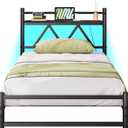 Black Twin Bed Frame with LED Lights and Charging Station–12cm Low Profile,Modern Twin Metal Bed Frame with Storage Headboard,Sturdy Steel Slat Support,No Box Spring Needed, Noise Free,Easy Assembly