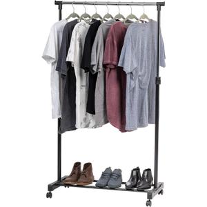 IRIS USA Clothes Rack, Portable Single-Rod Height Adjustable with Lockable Wheels, Rolling Garment Rack, Single Rod Wardrobe Rack, Easy Assemble, for Clothes, Belts, Shoes, and Bags