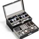Lifewit 2- layer Sunglasses Organizer with Glass Lid, 6 Slots eyeswear Holder, 6 Slots Watch box, Spaces for Rings, Brooch, Tie Clip, Multiple Eyeglasses Display Case for Men, Gift Idea, Inky Black