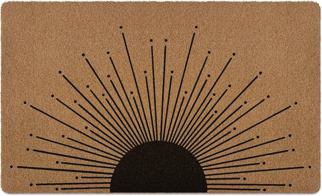 Boho Black Sun Door Mat, Sunrise Sunset Welcome Front Door Mat Indoor Outdoor Entrance for Camper, Rustic Artificial Coir Doormat Rugs for Porch Entry Patio Kitchen Decor 30x17in, 17x30inch