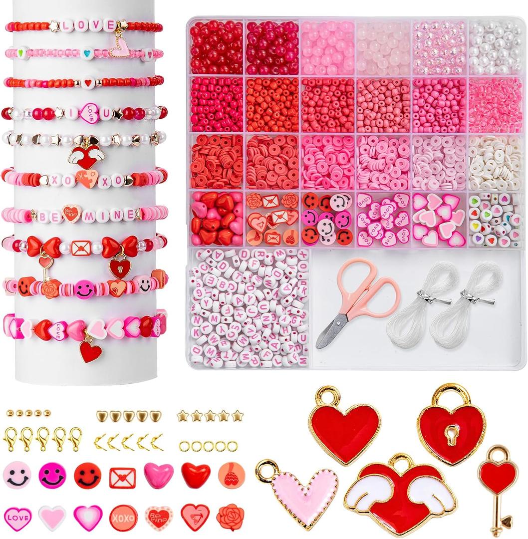 Goldwise Valentines Day Beads Kit for Bracelet Making, Love Theme Jewelry Making Supplies with Letter Beads, Heart Charms, Clay Beads & Findings, DIY Gift Set for Couples & Friends (Multicolored)