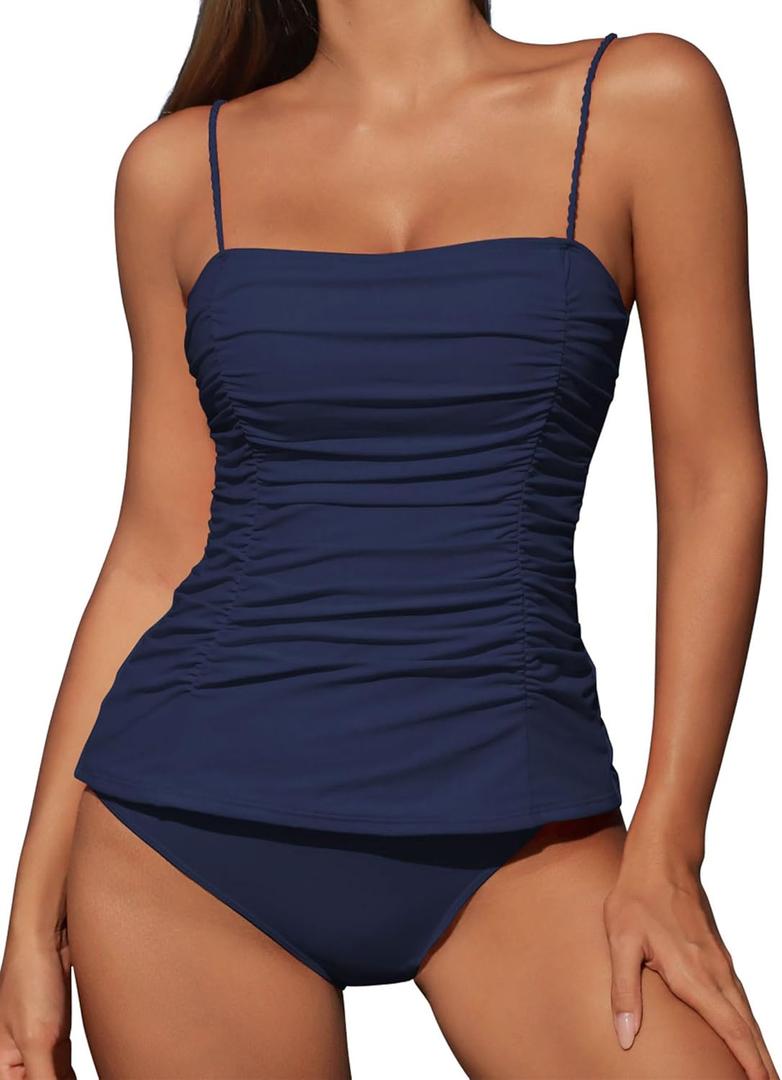ZAFUL Womens Tankini Swimsuits 2025 Spaghetti Strap Two Pieces Ruched Top Tummy Control High Waisted Bottom Bathing Suits (Small, 1-deep Blue)