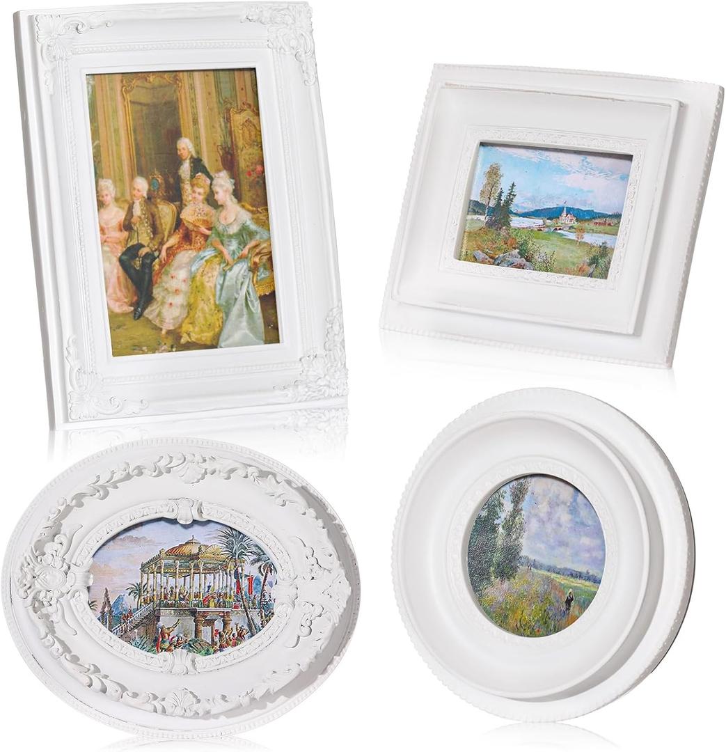 Geetery 4 Pcs Vintage Frames Set, Mini Antique Picture Frame Small Luxury Ornate Oval Circle Rectangle Wall Hanging for Gallery Wall Photo Display Tabletop Home Decor (White)