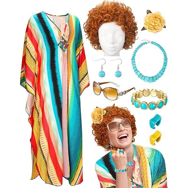 Velmitten Landlady Costume Including Caftan Dress Curly Wig Necklace Earring Sunglasses Rings Hair Clip for Halloween Cosplay (One Size)