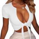 Women's Sexy Tie Up Crop Top Short Sleeve Deep V Neck Casual Basic T Shirt (Large, White)