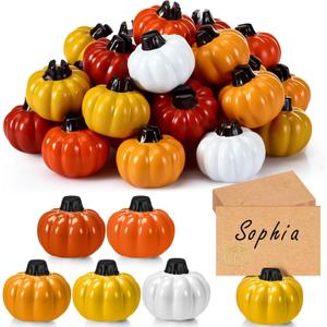 Yaomiao 30 Set Thanksgiving Fall Pumpkin Place Card Holders with Kraft Cards, Resin Mini Pumpkin Name Card Holder for Thanksgiving Table Setting Autumn Party Photo Wedding Decor(Yellow,Orange,White)