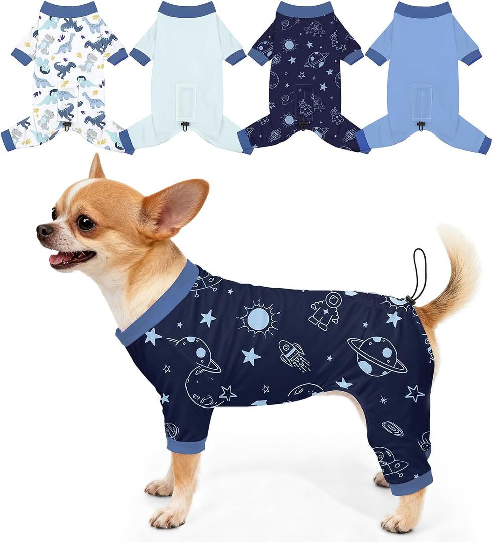 Bienbee Dog Pajamas, 4 Pack Dog Recovery Suit Shedding Suit Cute Soft Puppy Clothes Dogs Pjs Onesies Jammies Adjustable Breathable & Stretchy Clothes for Dogs Girl Boy Puppy-XS