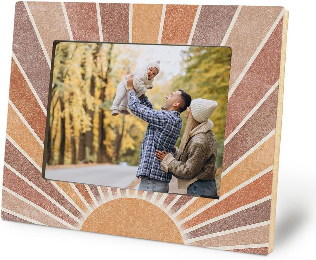 Boho Picture Frames 5x7, Retro Boho Neutral Sun Sunshine Picture Photo Frame for Bohemian Home Bedroom Living Room Desk Table Decor, Boho Photo Frame Gift (yellow)
