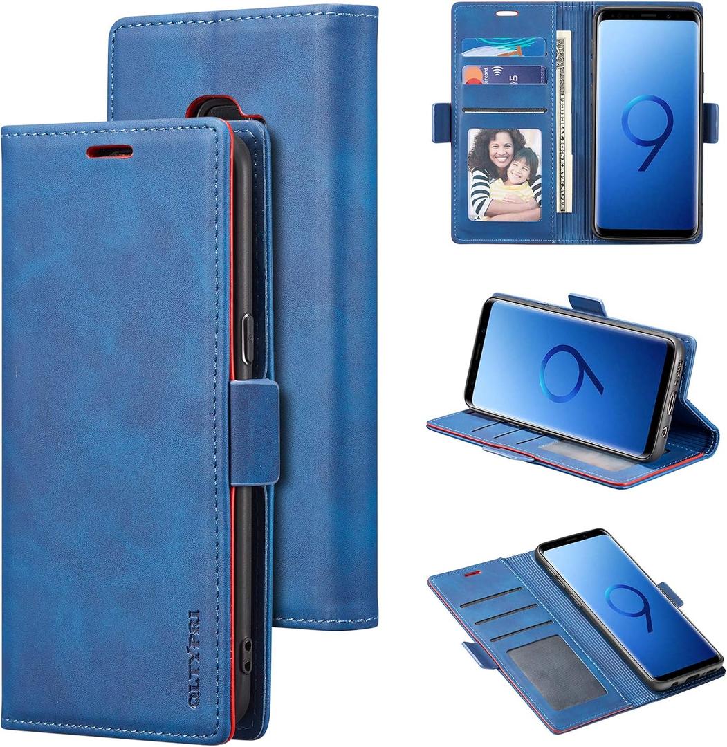 QLTYPRI Case for Samsung Galaxy S9, Soft Premium PU Leather Flip Case with Card Slot Kickstand Split Magnetic Closure Shockproof Protective Slim Wallet Cover for Samsung Galaxy S9 - Blue
