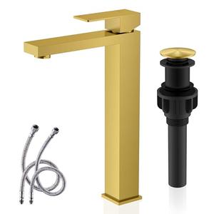 KENES Brushed Gold Tall Bathroom Faucet, Single Handle Vessel Sink Faucet Gold Vanity Bathroom Faucet with Supply Lines and Pop Up Sink Drain, LJ-9031A-4
