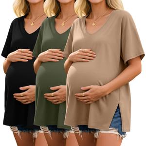Ficerd 3 Pack Maternity Shirts Cotton V Neck Mama Tee Dolman Sleeve Side Split Pregnancy Clothes Summer Oversized Tops (Small, Khaki, Army Green, Black)