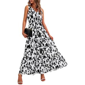 BTFBM Women Summer Dresses Casual Sleeveless Maxi Dresses Cute Floral Long Dress Wedding Guest Dress (S)