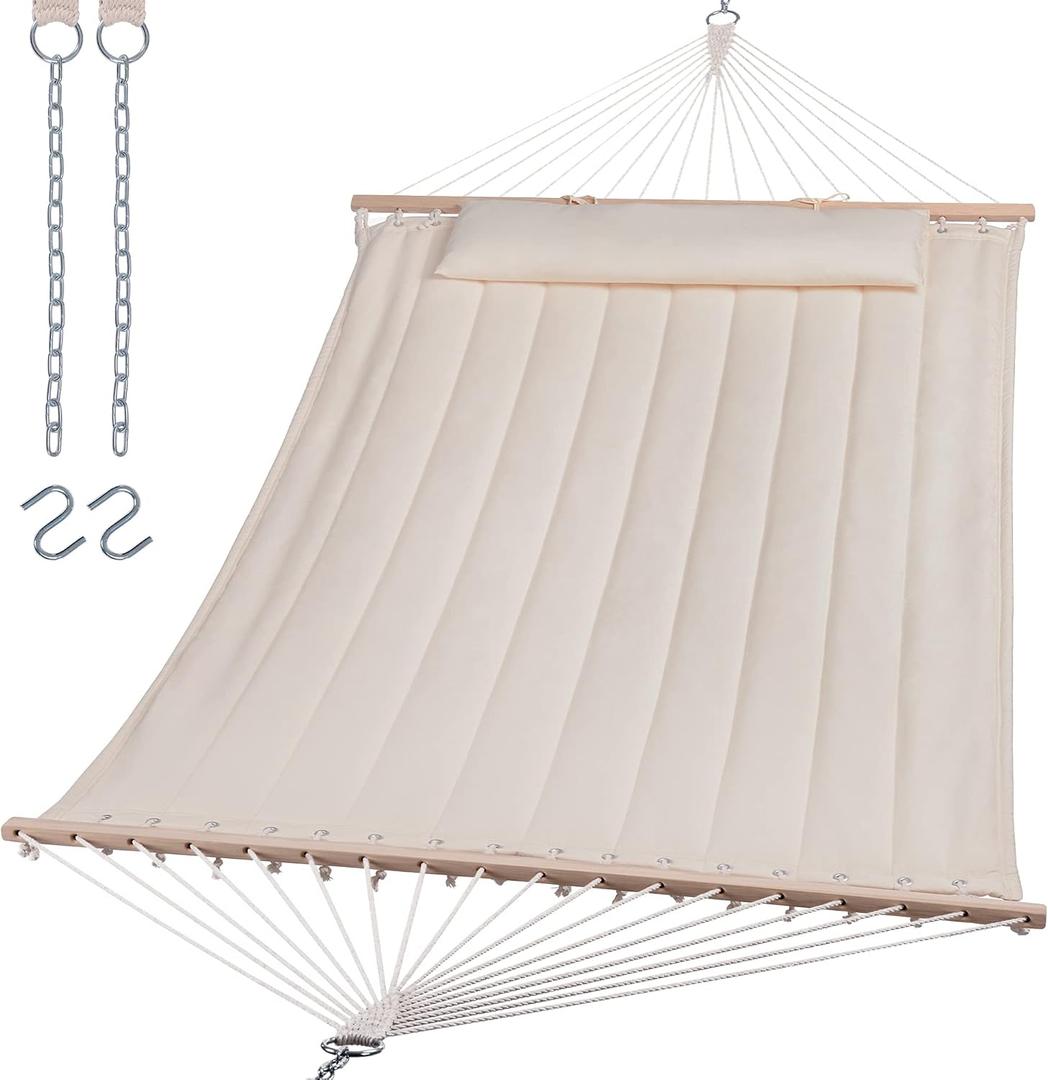 SUNCREAT Double Hammock for 2 Persons, Extra Large Outdoor Portable Hammock with Hardwood Spreader Bar, Soft Pillow, 475 lbs Capacity, Beige