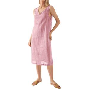 Womens 100% Linen Sleeveless V Neck Midi Summer Dresses with Pockets (Medium, Pink)