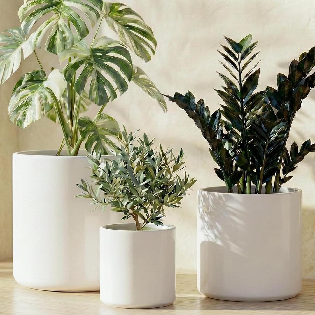 LE TAUCI 10+8+6 Inch Ceramic Pots for Plants, Indoor Planters with Drainage Hole and Plug, Modern Cylinder Flower Pots Set of 3 for Living Room and Bedroom, Satin, White, Medium