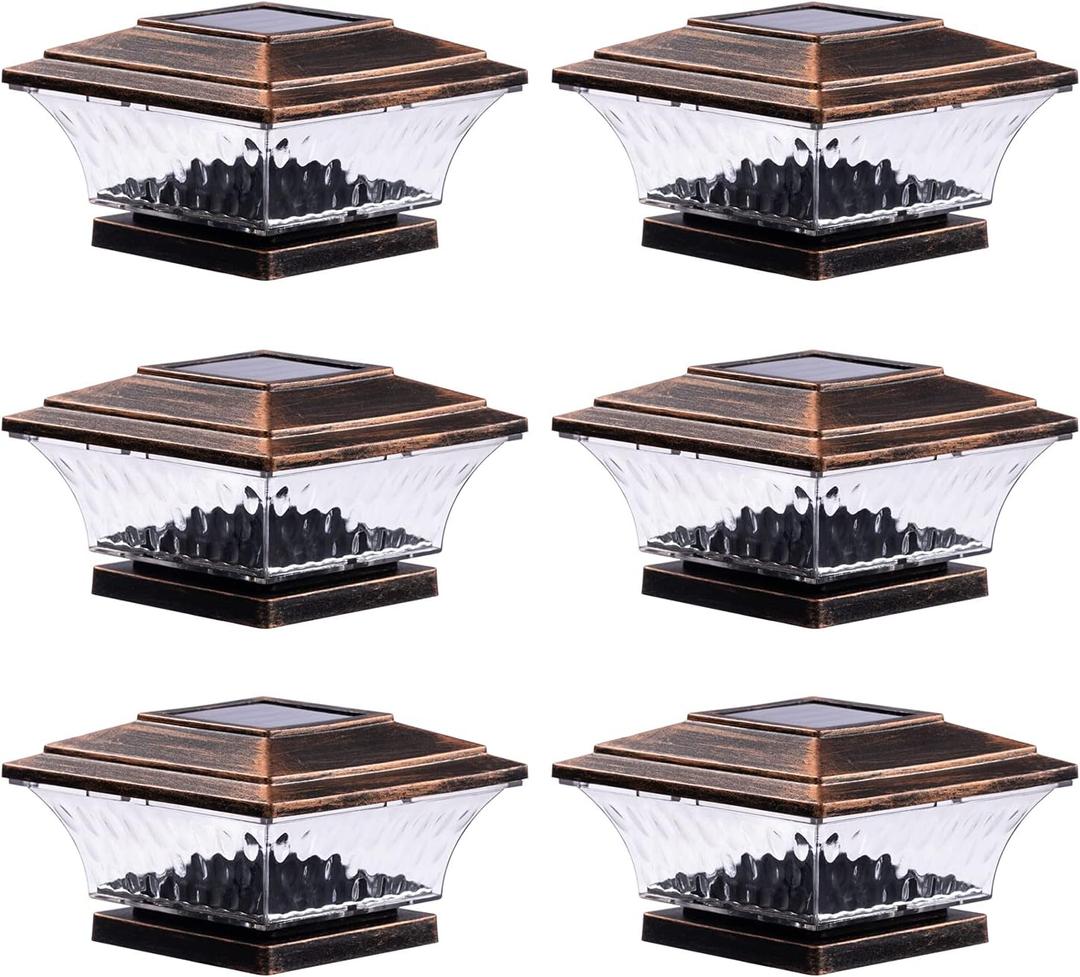 HUYIENO Solar Post Cap Lights Outdoor LED Lighting Deck Fence With Two Light Modes Warm White/Bright White Suitable for 4x4 Wooden Posts Brushed Copper 6PK