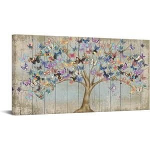 RnnJoile Butterfly Pictures Tree of Life Wall Art Rustic Butterflies Painting Picture for Farmhouse Home Living Room Bedroom Wall Decor Framed 24 x 48 Inch