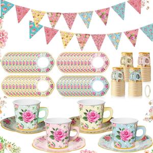 Umigy 98 Pcs Mother's Day Tea Party Decorations 26 ft Floral Paper Bunting 6.5 oz Floral Paper Tea Cups with Plates Disposable Teacups and Saucers Sets for Girls Women Birthday Party Supplies(Classic)