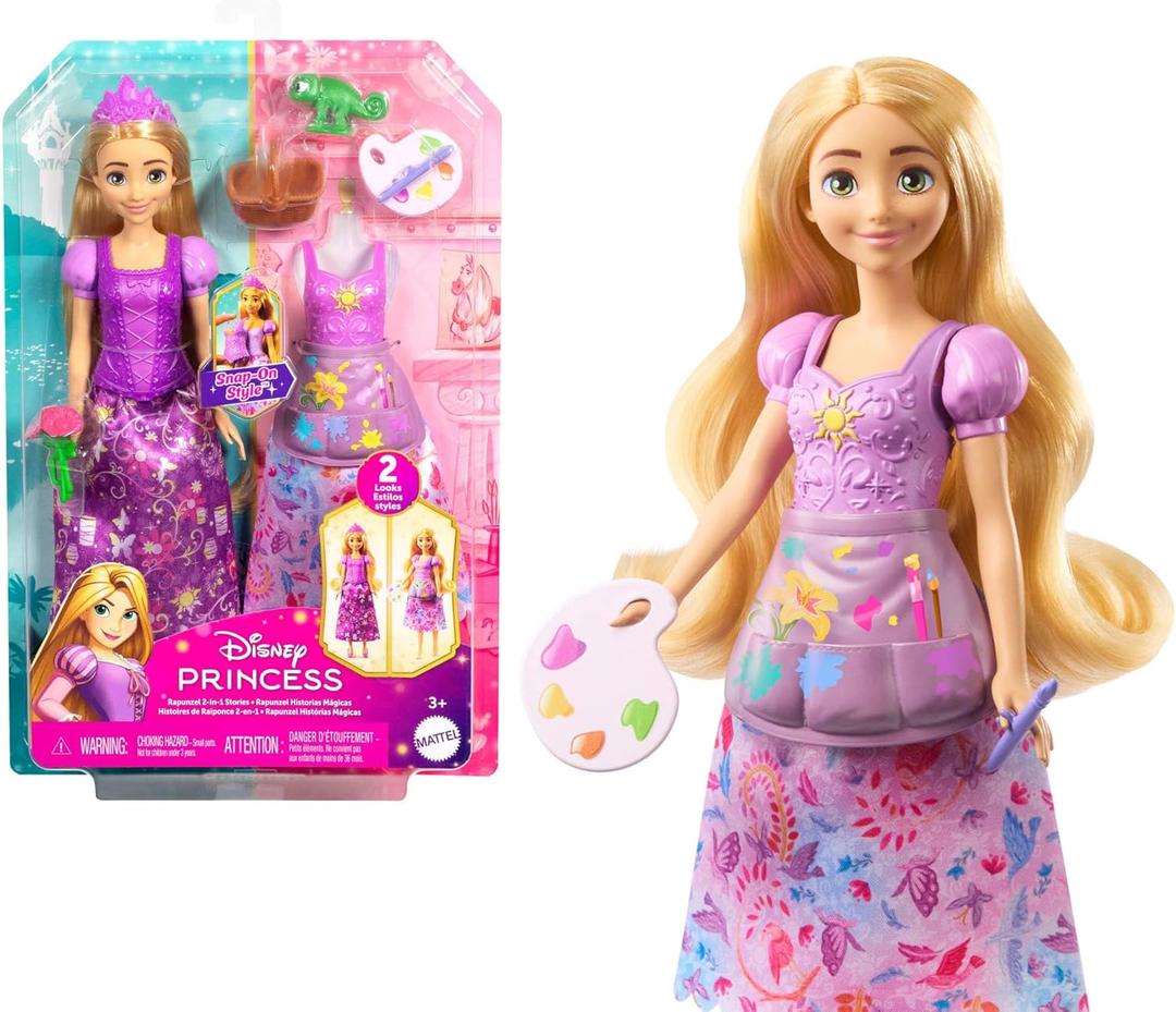 Mattel Disney Princess Toys, Rapunzel Fashion Doll with 2 Looks, 9 Accessories, 2 Snap-On Bodices & 2 Skirts, 2-in-1 Stories Inspired by Disney Tangled