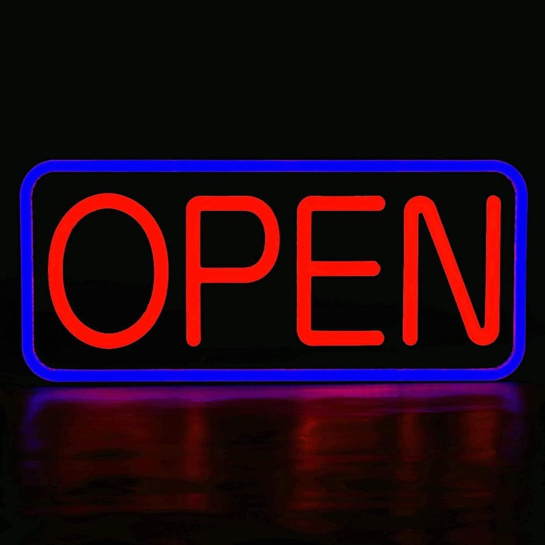 LED New Ultra Bright Extra Jumbo Open Sign,35x17 inch Open Sign for Business,with Multiple Flashing Modes, Ideal for Restaurant,12V/3A Power Supplywith Open/Close Sign, Remote Controlled (Blue/Red)