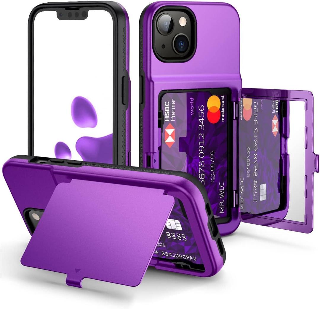 WeLoveCase iPhone 13 / 14 Wallet Case with Credit Card Holder & Hidden Mirror, Two Layer Shockproof Heavy Duty Protection Cover Protective Case for iPhone 13/14 6.1 Inch - Purple