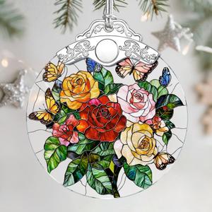 Christmas Ornaments - Butterfly & Rose Stained Glass Ornament | Christmas Tree Decorations | Hanging Ornaments for Home Decor | Holiday Decor | Xmas Decorations Xmas Gifts & Holiday Present