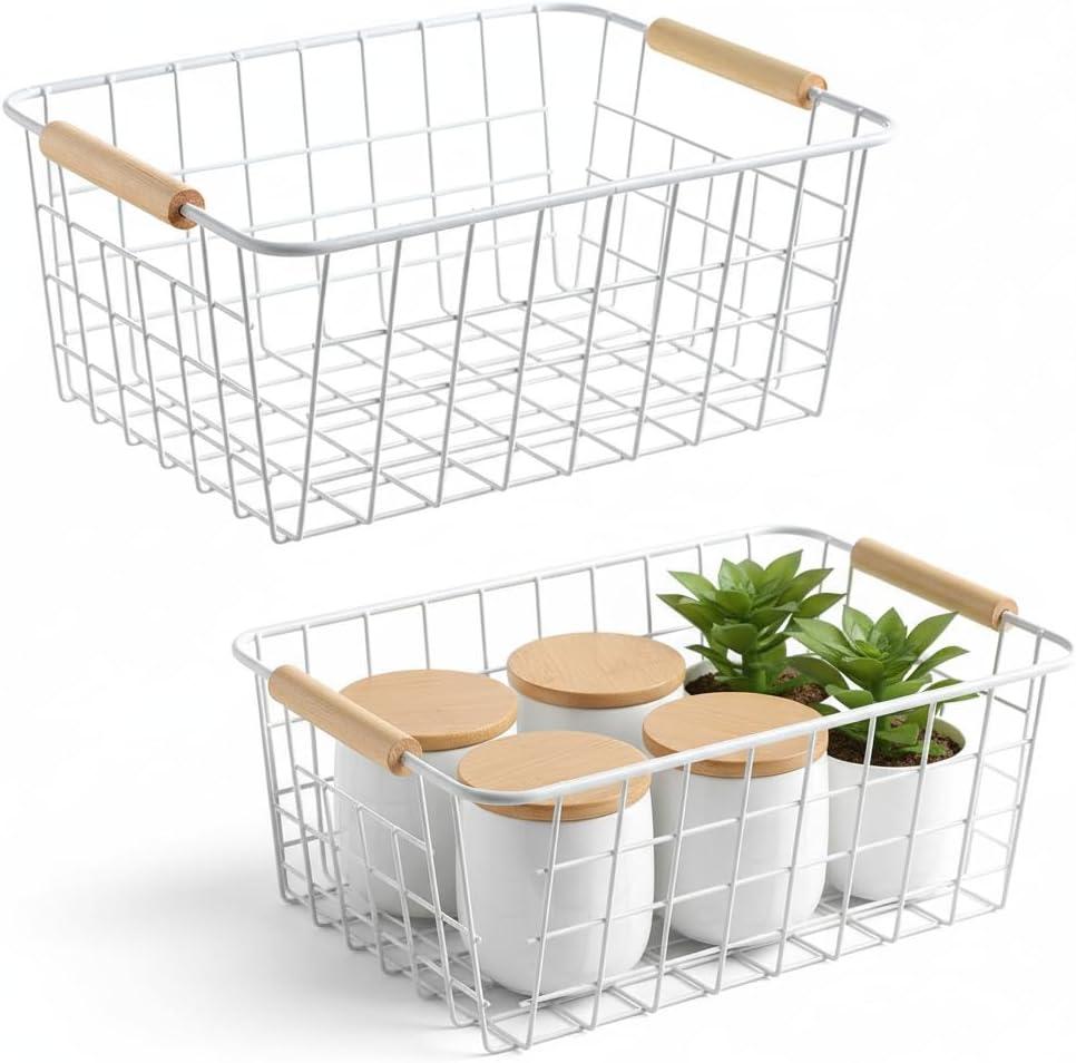 Metal White Wire Basket,Food Storage Organizer with Wooden Handles, pantry organizers and storage for Organizing Kitchen Cabinets Potato Onion, 2 Packs