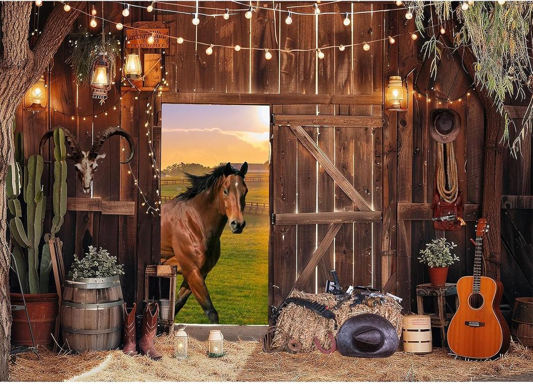 Western Cowboy Backdrop Western Party Decorations Wild West Decor Wooden House Barn Photo Background for Birthday Wedding Supply Photography Background Cowboy Theme Party Decorations(7x5ft)