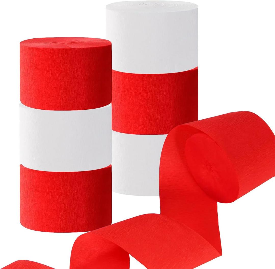 CC wonderland zone 6 Rolls White Red Crepe Paper Streamers ffor Wedding Engagement Valentine's Day Birthday Party Decorations,82 feet Long 1.77 inch Wide